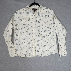 Vintage Wrangler Women's XXL 2XL White Blue Floral Button Down Shirt Pearl Snap
